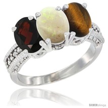 Size 6.5 - 10K White Gold Natural Garnet, Opal &amp; Tiger Eye Ring 3-Stone Oval  - £431.50 GBP