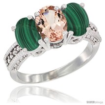 Size 6.5 - 14K White Gold Natural Morganite Ring with Malachite 3-Stone 7x5 mm  - £561.58 GBP