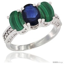 Size 6 - 14K White Gold Natural Blue Sapphire Ring with Malachite 3-Stone 7x5  - £600.29 GBP