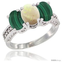 Size 8 - 14K White Gold Natural Opal Ring with Malachite 3-Stone 7x5 mm Oval  - £564.78 GBP