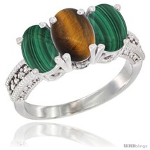 Size 5 - 14K White Gold Natural Tiger Eye Ring with Malachite 3-Stone 7x5 mm  - £549.58 GBP