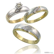 Size 7.5 - Gold Plated Sterling Silver Diamond Trio Wedding Ring Set His 7mm &amp;  - £175.85 GBP