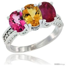 Size 10 - 10K White Gold Natural Pink Topaz, Citrine &amp; Ruby Ring 3-Stone Oval  - £448.41 GBP