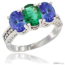 Size 9.5 - 14K White Gold Natural Emerald Ring with Tanzanite 3-Stone 7x5 mm  - £666.39 GBP