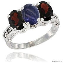 Size 6.5 - 10K White Gold Natural Malachite &amp; Garnet Sides Ring 3-Stone Oval  - £435.74 GBP