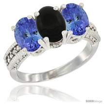 Size 6.5 - 14K White Gold Natural Black Onyx Ring with Tanzanite 3-Stone 7x5 mm  - £634.76 GBP