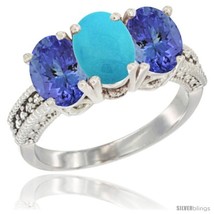 Size 6 - 14K White Gold Natural Turquoise Ring with Tanzanite 3-Stone 7x5 mm  - £662.16 GBP
