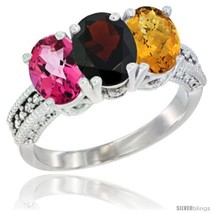 Size 8 - 10K White Gold Natural Pink Topaz, Garnet &amp; Whisky Quartz Ring 3-Stone  - £413.49 GBP