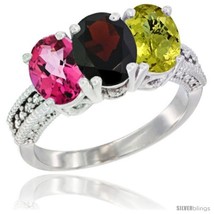 Size 5 - 10K White Gold Natural Pink Topaz, Garnet &amp; Lemon Quartz Ring 3-Stone  - £413.49 GBP