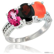 Size 6.5 - 10K White Gold Natural Pink Topaz, Garnet &amp; Coral Ring 3-Stone Oval  - £411.08 GBP