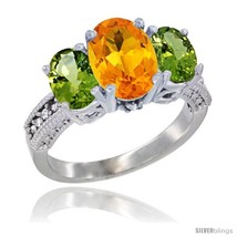 Size 7.5 - 10K White Gold Ladies Natural Citrine Oval 3 Stone Ring with Peridot  - £501.66 GBP