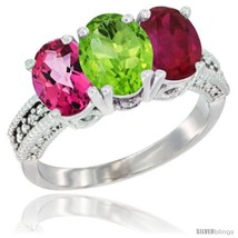 Size 5 - 10K White Gold Natural Pink Topaz, Peridot &amp; Ruby Ring 3-Stone Oval  - £448.40 GBP