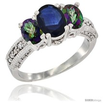 Size 6 - 14k White Gold Ladies Oval Natural Blue Sapphire 3-Stone Ring with  - £607.73 GBP