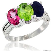 Size 7.5 - 10K White Gold Natural Pink Topaz, Peridot &amp; Lapis Ring 3-Stone Oval  - £435.01 GBP