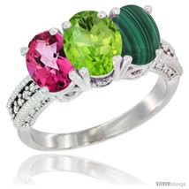 Size 5.5 - 10K White Gold Natural Pink Topaz, Peridot &amp; Malachite Ring 3-Stone  - £435.01 GBP