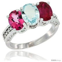 Size 8 - 10K White Gold Natural Pink Topaz, Aquamarine &amp; Ruby Ring 3-Stone Oval  - £474.49 GBP