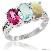 Size 6 - 10K White Gold Natural Pink Topaz, Aquamarine &amp; Opal Ring 3-Stone Oval  - £466.66 GBP