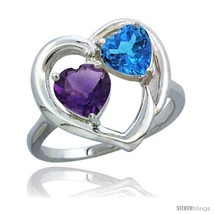 Size 9.5 - 14k White Gold 2-Stone Heart Ring 6mm Natural Amethyst &amp; Swiss Blue  - $465.19