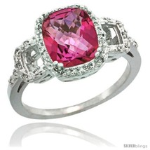 Size 7 - 10k White Gold Diamond Pink Topaz Ring 2 ct Checkerboard Cut Cushion  - £464.50 GBP