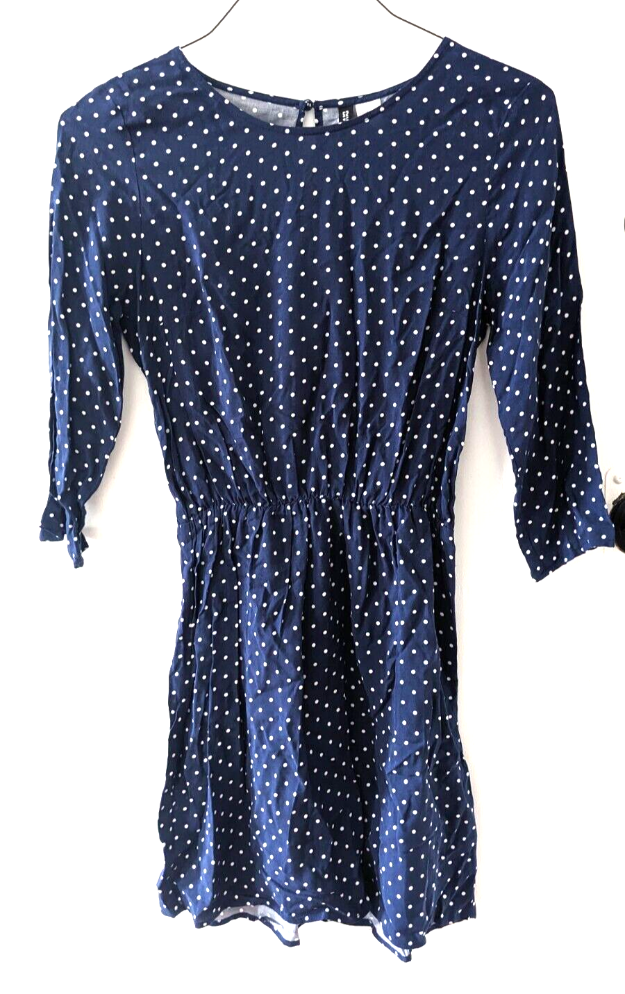 Primary image for H&M navy blue polka dot print pattern dress women's size 4 SMALL knee-length hm