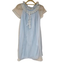 Vintage Blue Short Sleeve Night Gown Ruffle Neck Lined Chiffon Semi Sheer - £18.98 GBP