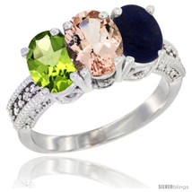 Size 10 - 10K White Gold Natural Peridot, Morganite &amp; Lapis Ring 3-Stone Oval  - £450.81 GBP