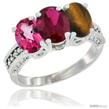 Size 6.5 - 10K White Gold Natural Pink Topaz, Ruby &amp; Tiger Eye Ring 3-Stone  - £438.40 GBP