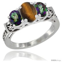 Size 5.5 - 14K White Gold Natural Tiger Eye &amp; Mystic Topaz Ring 3-Stone Oval  - £562.26 GBP