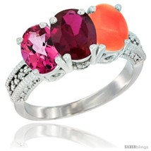 Size 10 - 10K White Gold Natural Pink Topaz, Ruby &amp; Coral Ring 3-Stone Oval 7x5  - £443.69 GBP