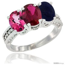 Size 9 - 10K White Gold Natural Pink Topaz, Ruby &amp; Lapis Ring 3-Stone Oval 7x5  - £439.41 GBP