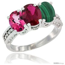 Size 6 - 10K White Gold Natural Pink Topaz, Ruby &amp; Malachite Ring 3-Stone Oval  - £439.41 GBP