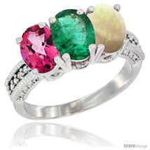 Size 9.5 - 10K White Gold Natural Pink Topaz, Emerald &amp; Opal Ring 3-Stone Oval  - £473.01 GBP