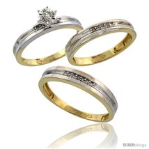 Size 8.5 - Gold Plated Sterling Silver Diamond Trio Wedding Ring Set His 4mm &amp;  - £143.40 GBP