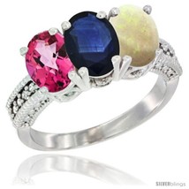 Size 10 - 10K White Gold Natural Pink Topaz, Blue Sapphire &amp; Opal Ring 3-Stone  - £482.28 GBP