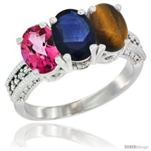 Size 8 - 10K White Gold Natural Pink Topaz, Blue Sapphire &amp; Tiger Eye Ring  - £478.70 GBP