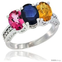 Size 6 - 10K White Gold Natural Pink Topaz, Blue Sapphire &amp; Whisky Quartz Ring  - £472.34 GBP