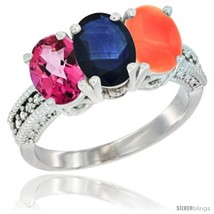 Size 8.5 - 10K White Gold Natural Pink Topaz, Blue Sapphire &amp; Coral Ring  - £463.94 GBP