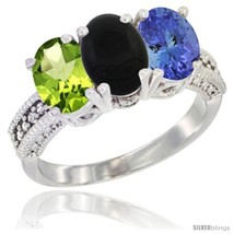 Size 9.5 - 10K White Gold Natural Peridot, Black Onyx &amp; Tanzanite Ring 3-Stone  - £462.70 GBP