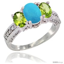 Size 8 - 10K White Gold Ladies Oval Natural Turquoise 3-Stone Ring with Peridot  - £445.08 GBP