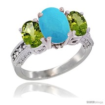 Size 6 - 10K White Gold Ladies Natural Turquoise Oval 3 Stone Ring with Peridot  - £520.86 GBP