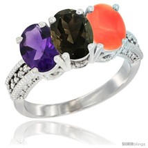 Size 9 - 14K White Gold Natural Amethyst, Smoky Topaz &amp; Coral Ring 3-Stone 7x5  - £536.90 GBP