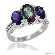 Size 9.5 - 14K White Gold Ladies 3-Stone Oval Natural Mystic Topaz Ring with  - £649.28 GBP