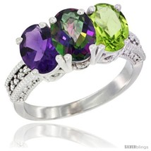 Size 9.5 - 14K White Gold Natural Amethyst, Mystic Topaz &amp; Peridot Ring 3-Stone  - £573.35 GBP