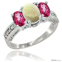 Size 6 - 10K White Gold Ladies Oval Natural Opal 3-Stone Ring with Pink Topaz  - £429.03 GBP