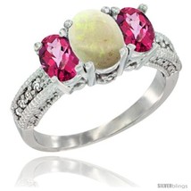 Size 5 - 10K White Gold Ladies Oval Natural Opal 3-Stone Ring with Pink Topaz  - £435.88 GBP