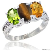 Size 7.5 - 10K White Gold Natural Peridot, Tiger Eye &amp; Whisky Quartz Ring  - £432.22 GBP