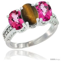 Size 6.5 - 10K White Gold Natural Tiger Eye &amp; Pink Topaz Sides Ring 3-Stone  - £425.48 GBP