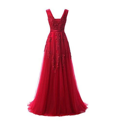 Kivary Women V Neck Sheer Beaded Long Prom Dress Formal Tulle Evening Gown Red U