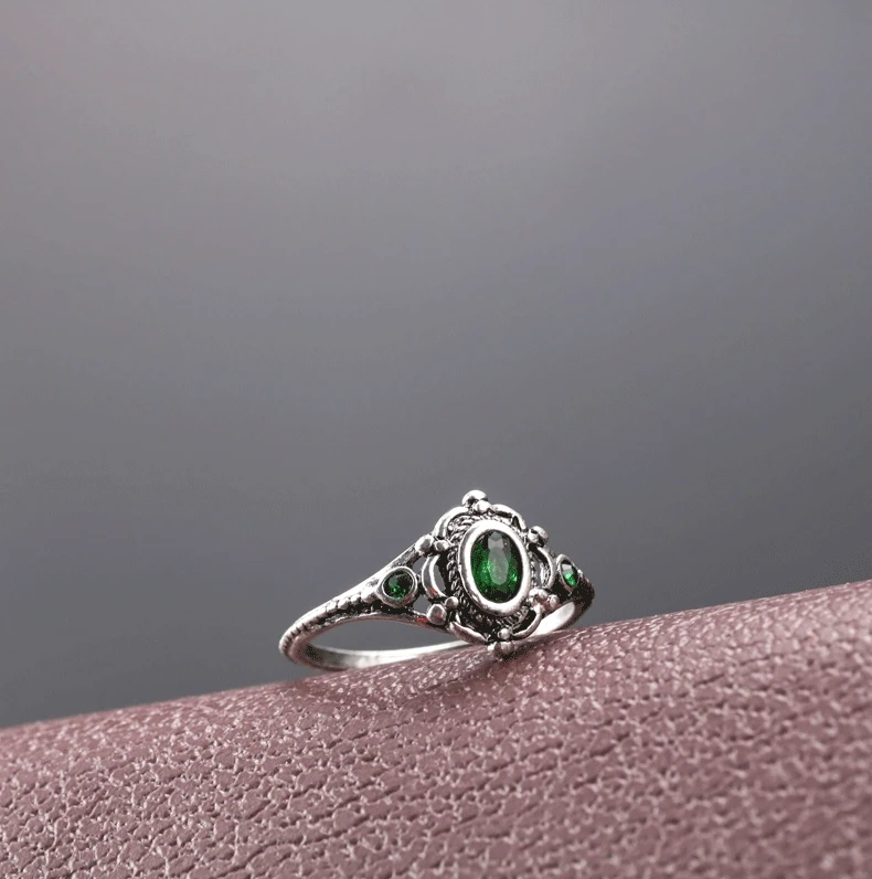 Vintage Silver Color Green Crystal Ring Bridal Engagement Wedding Rings ... - $34.42