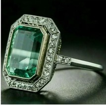 3CT Emerald &amp; Simulated Diamond Vintage Engagement Ring 14K Gold Plated Silver - £80.40 GBP